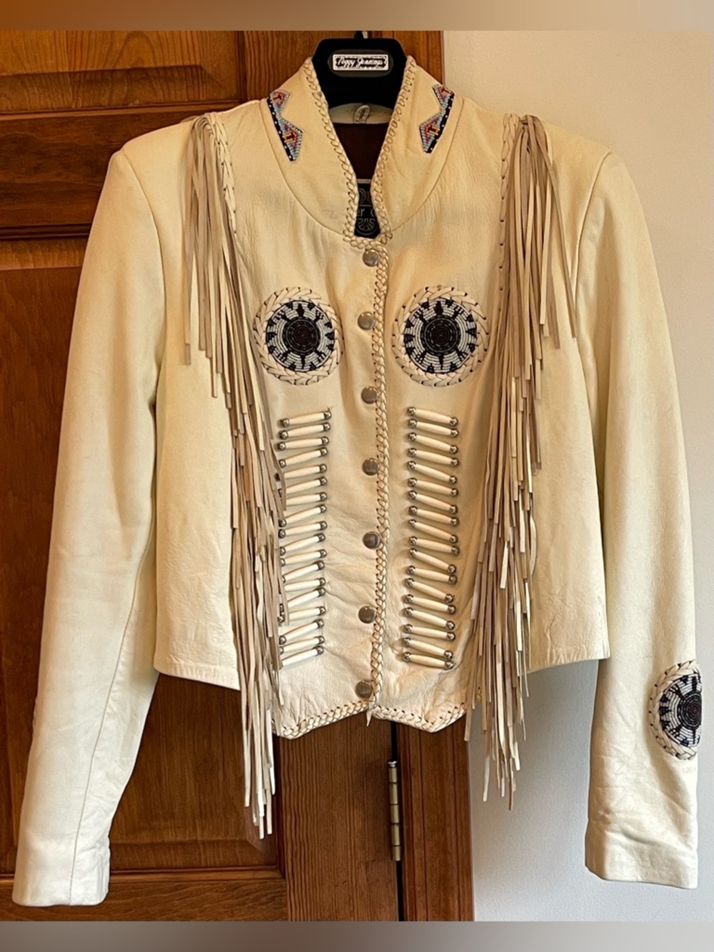 Beaded Fringe Leather Gallery Jacket soft buttery cream vintage early 2000s